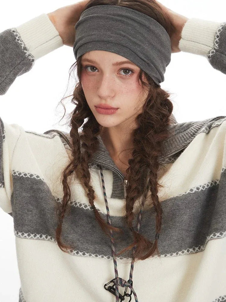 Oversized striped knit sweater with half-zip collar - View 6 | WEUXS