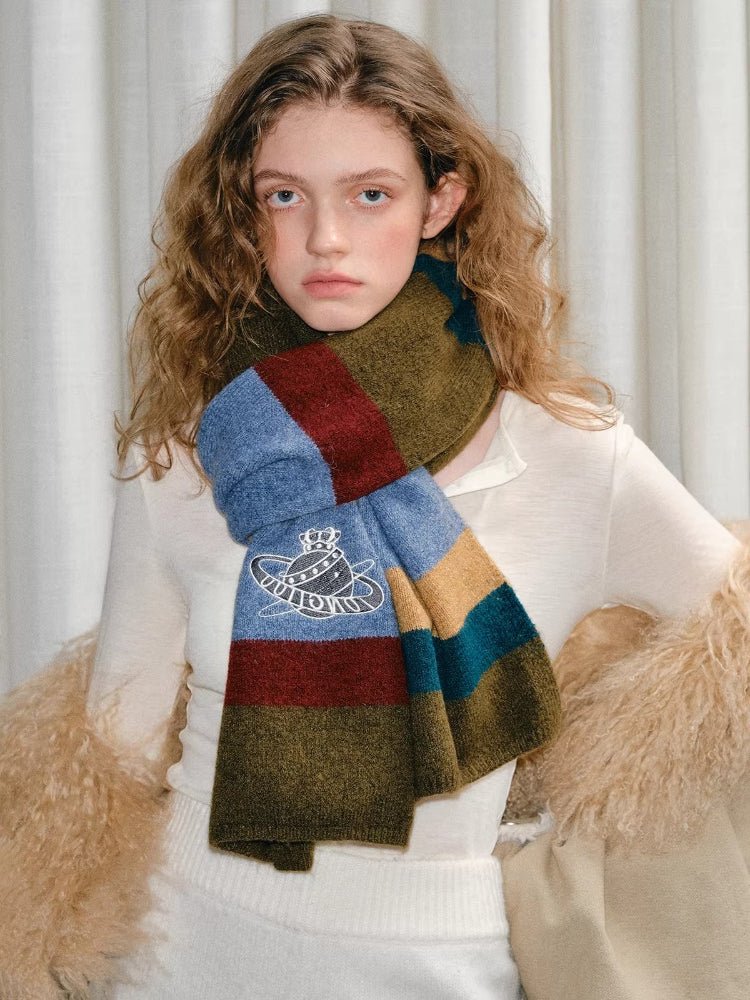 Retro Striped Knit Scarf Planet Motif Multi - WEUXS