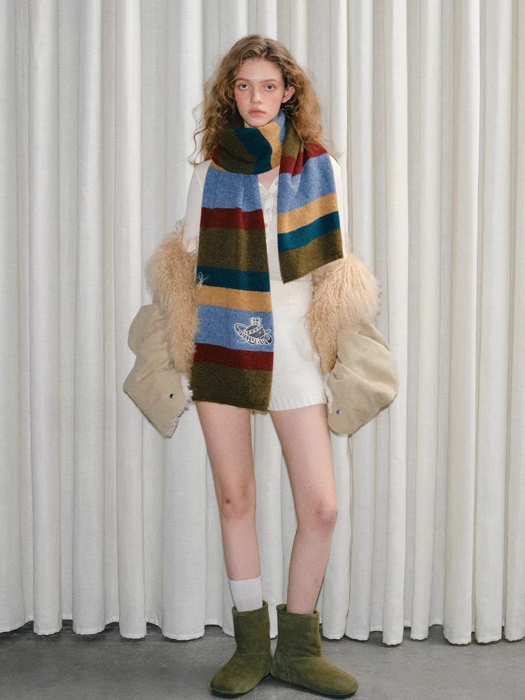 Retro Striped Knit Scarf Planet Motif Multi - WEUXS