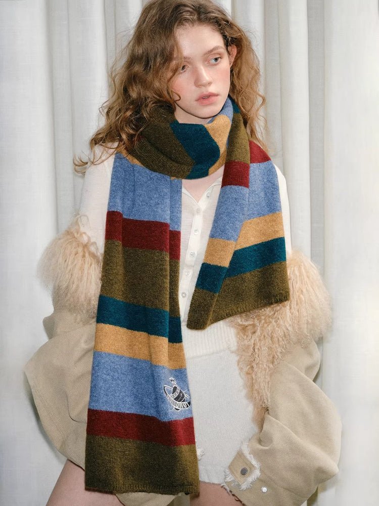 Retro Striped Knit Scarf Planet Motif Multi - WEUXS