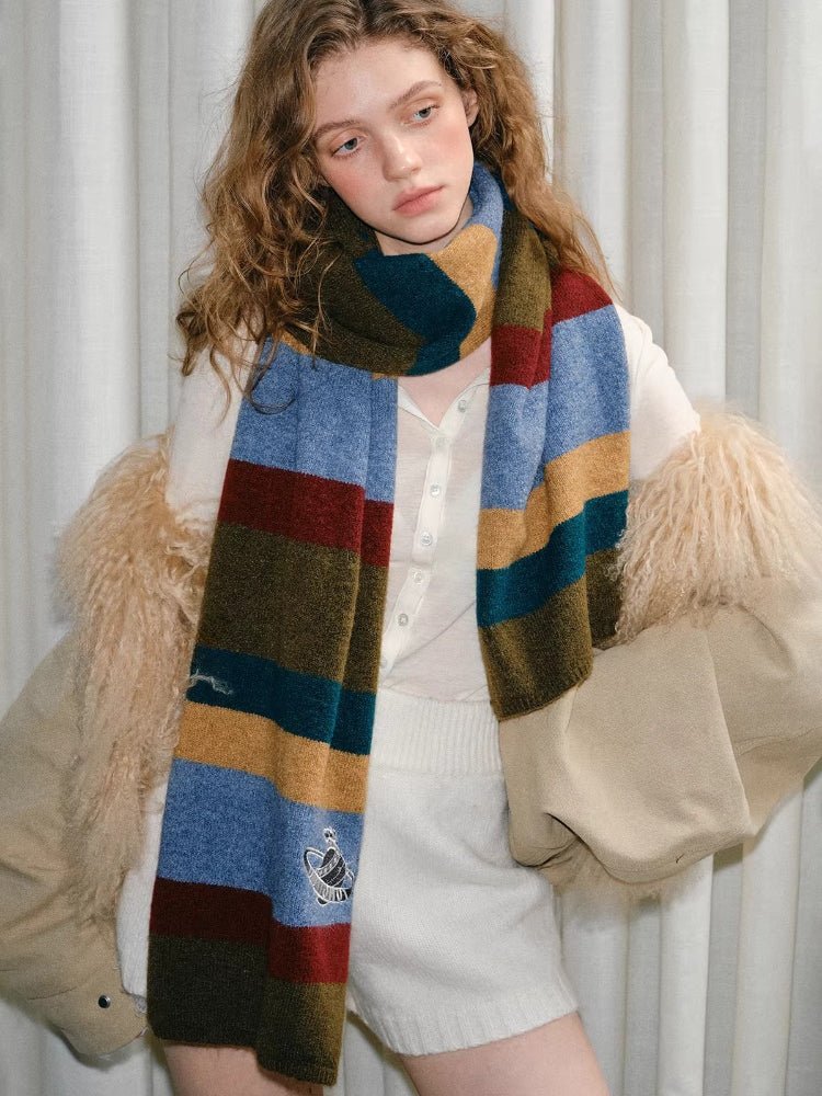 Retro Striped Knit Scarf Planet Motif Multi - WEUXS