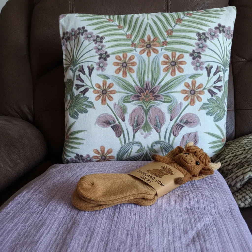 A pair of beige crew socks with a Highland cow design, presented with a decorative pillow and throw blanket.