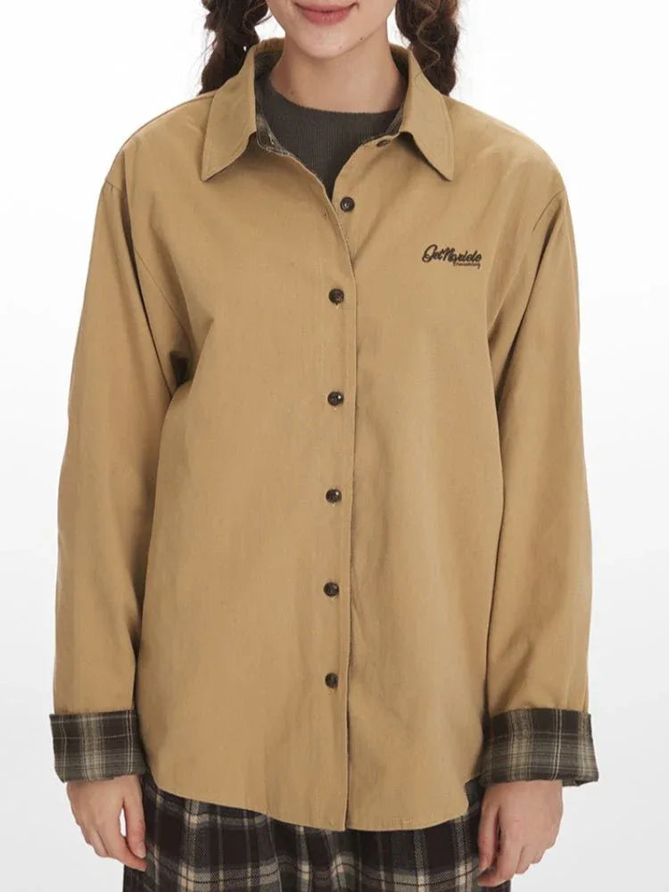 Reversible Solid & Plaid Oversized Shirt Jacket - View 6 | WEUXS