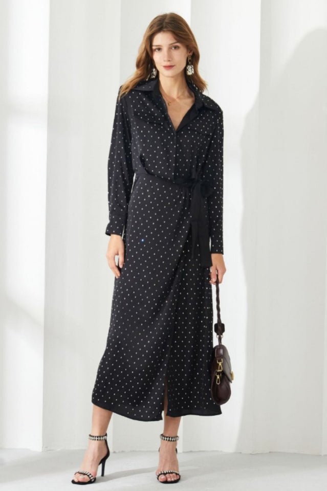 Rhinestone Dotted Collared Belted Midi Dress - WEUXS