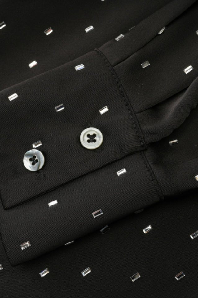 Rhinestone Dotted Collared Belted Midi Dress - WEUXS