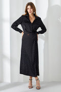 Rhinestone Dotted Collared Belted Midi Dress - WEUXS