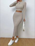 Ribbed Knit Crop Top & Midi Skirt Set - WEUXS