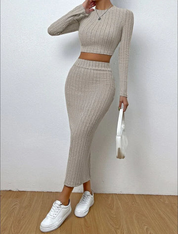 Ribbed Knit Crop Top & Midi Skirt Set - WEUXS