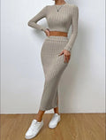 Ribbed Knit Crop Top & Midi Skirt Set - WEUXS