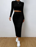 Ribbed Knit Crop Top & Midi Skirt Set - WEUXS