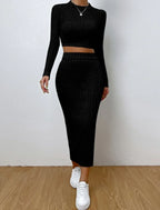 Ribbed Knit Crop Top & Midi Skirt Set - WEUXS