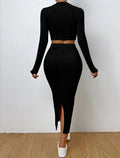Ribbed Knit Crop Top & Midi Skirt Set - WEUXS