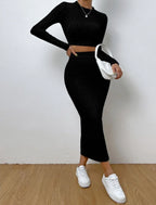 Ribbed Knit Crop Top & Midi Skirt Set - WEUXS