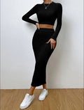 Ribbed Knit Crop Top & Midi Skirt Set - WEUXS