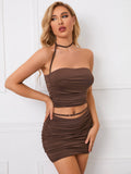    ruched halter top bodycon brown skirt set#color_brown