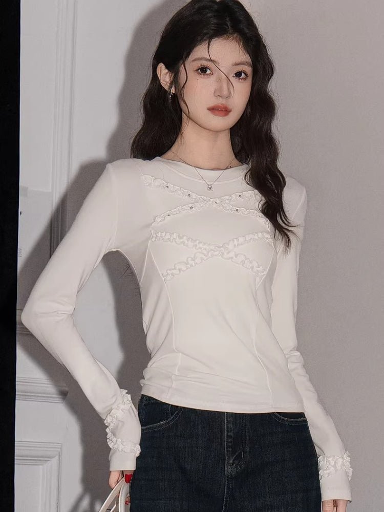 Ruffled Crisscross Detail Long Sleeve Top White - WEUXS