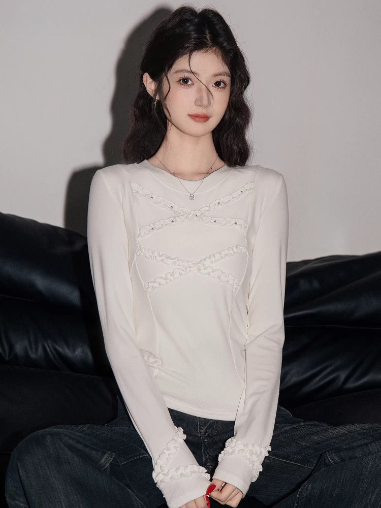 Ruffled Crisscross Detail Long Sleeve Top White - WEUXS