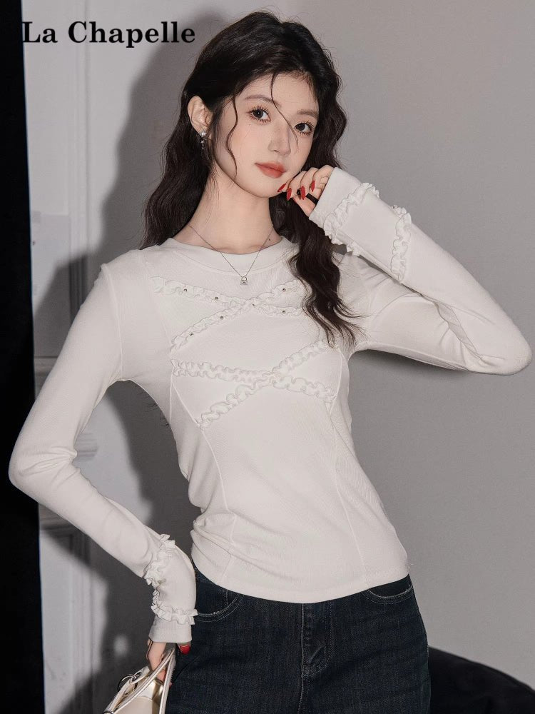 Ruffled Crisscross Detail Long Sleeve Top White - WEUXS