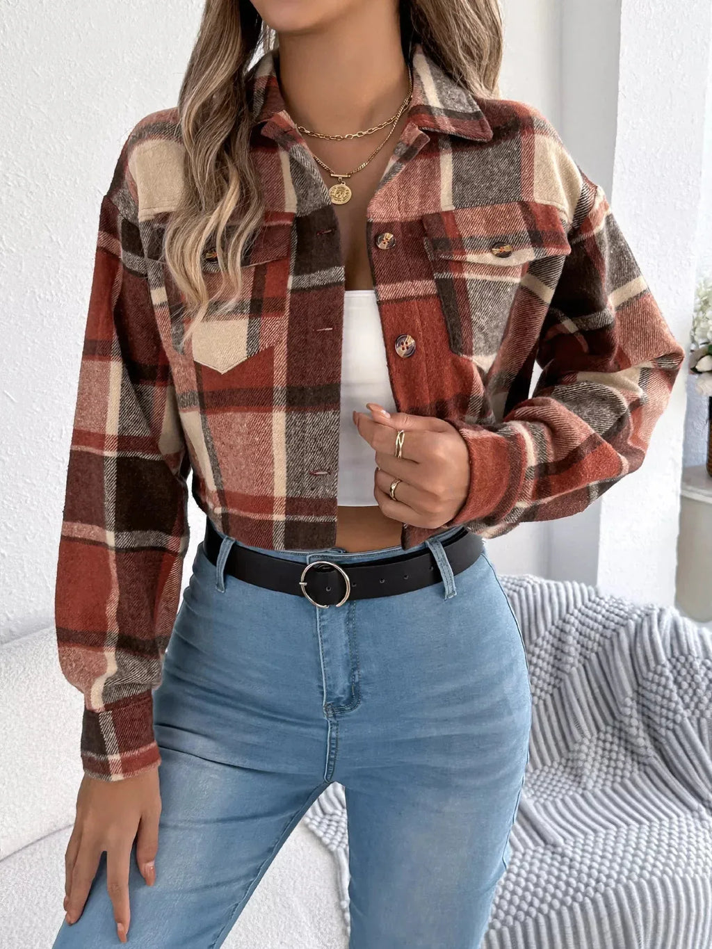 Plaid cropped shacket - View 6 | WEUXS