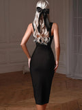 Rylie Black Bodycon Midi Dress with Satin Back Bow - Sleeveless Sweetheart Cocktail Gown - WEUXS
