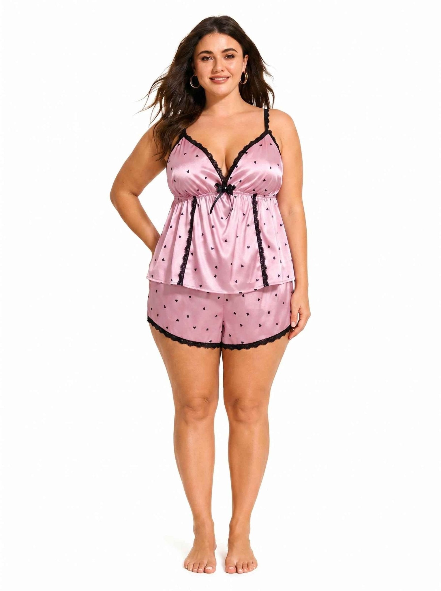 Satin Pajama Set with Lace Trim - WEUXS Main image