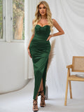     satin split hem cami dark green dress#color_dark-green