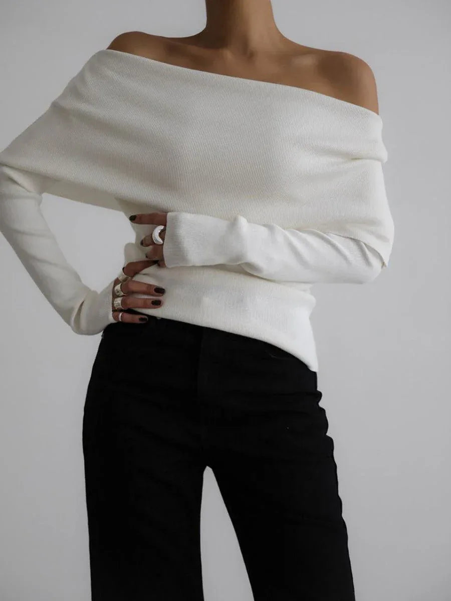 Sculpted Fold-Over Off-Shoulder Ribbed Knit Top - WEUXS