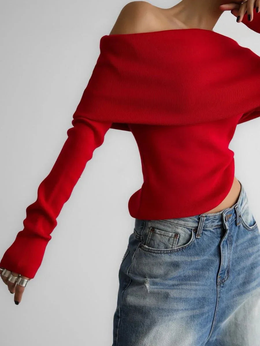 Sculpted Fold-Over Off-Shoulder Ribbed Knit Top - WEUXS