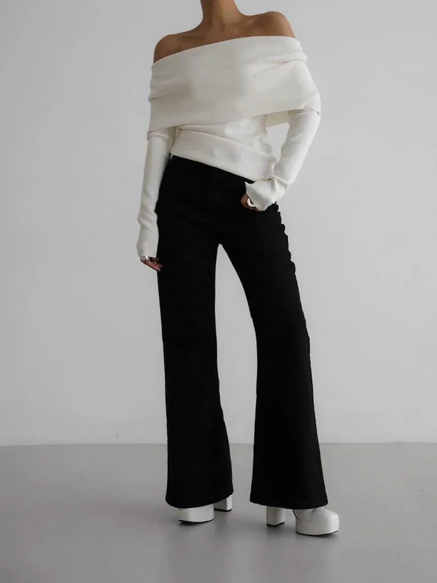 Sculpted Fold-Over Off-Shoulder Ribbed Knit Top - WEUXS