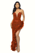 Sequin Feather Trimmed Dress - WEUXS