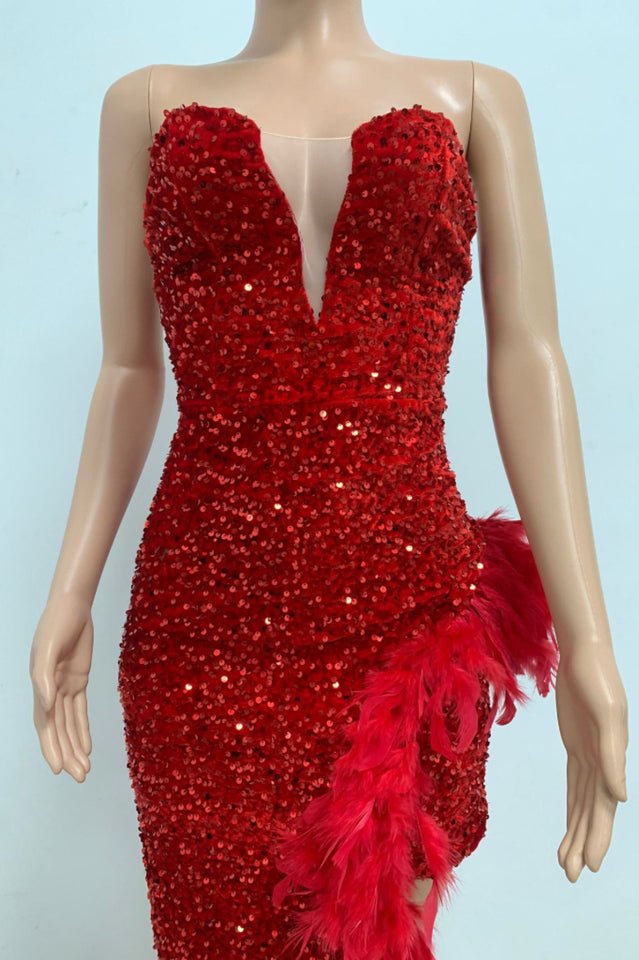 Sequin Feather Trimmed Dress - WEUXS