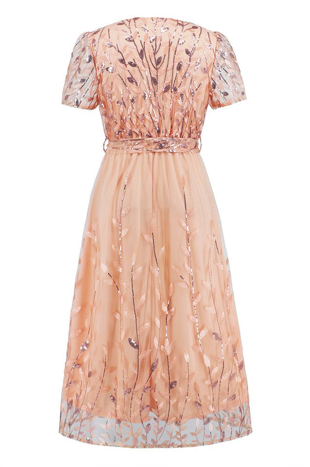 Sequin Leaf Embroidery Tie Front Dress - WEUXS