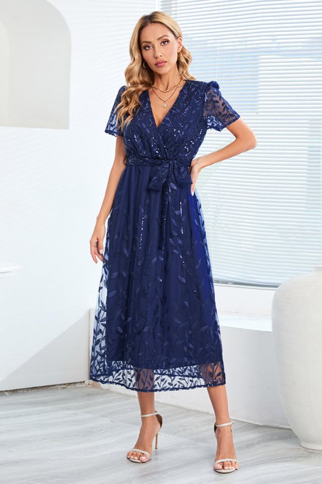 Sequin Leaf Embroidery Tie Front Dress - WEUXS