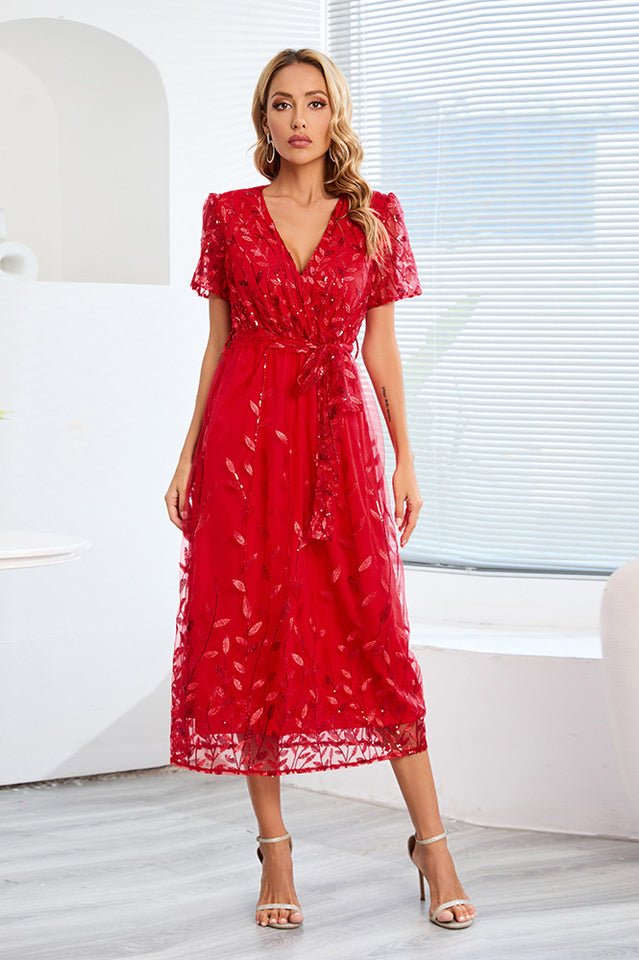 Sequin Leaf Embroidery Tie Front Dress - WEUXS