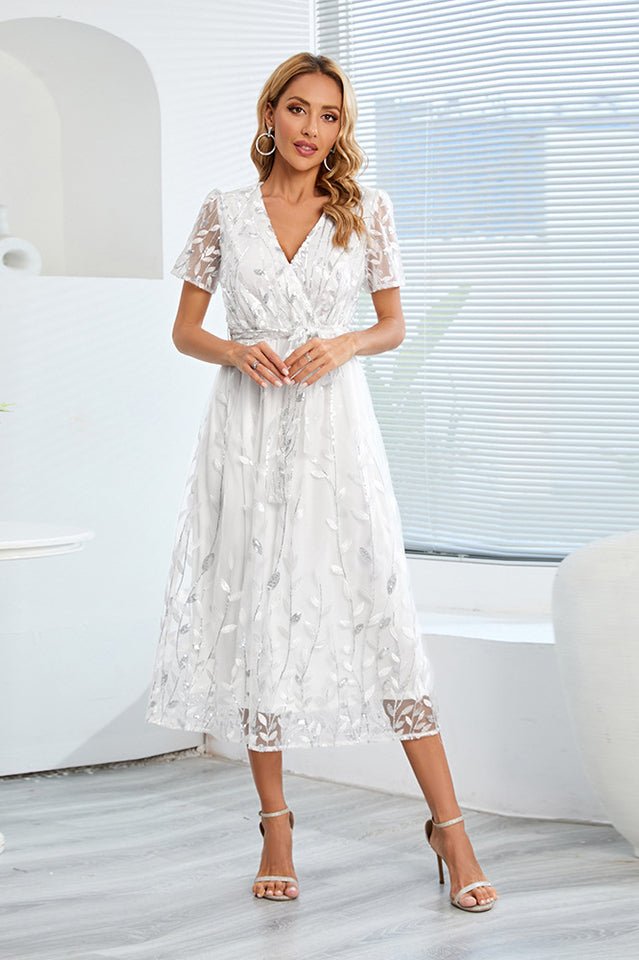 Sequin Leaf Embroidery Tie Front Dress - WEUXS