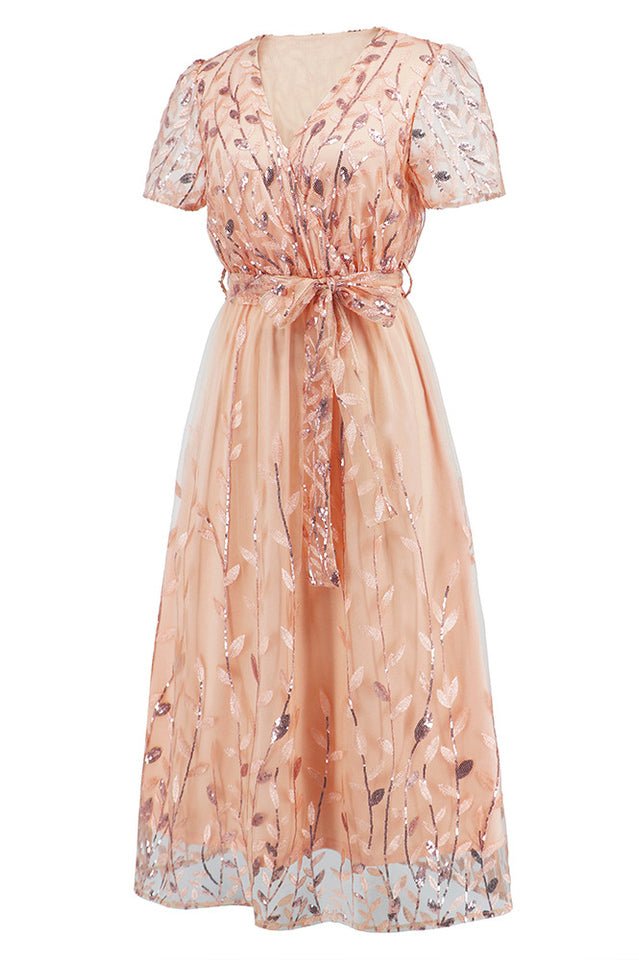 Sequin Leaf Embroidery Tie Front Dress - WEUXS
