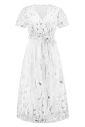 Sequin Leaf Embroidery Tie Front Dress - WEUXS