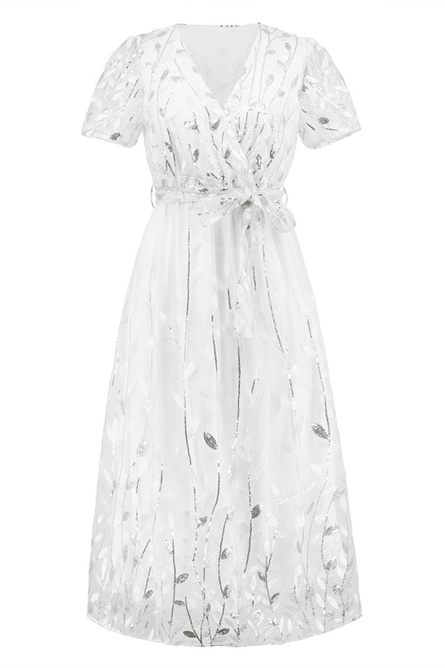Sequin Leaf Embroidery Tie Front Dress - WEUXS
