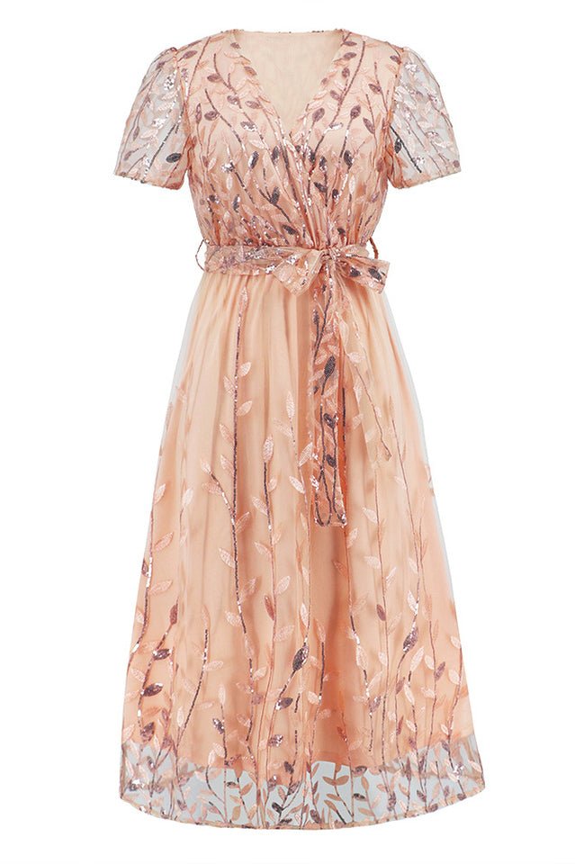 Sequin Leaf Embroidery Tie Front Dress - WEUXS