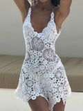 White crochet knit mini dress with V-neck and spaghetti straps