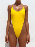 Yellow one-piece swimsuit with high-cut legs and thin straps