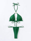 Green triangle bikini top with ring accent and string ties