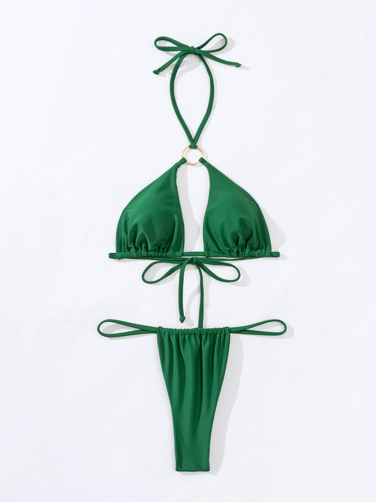 Green triangle bikini top with ring accent and string ties