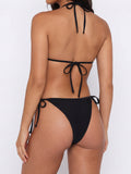 Back view of a black ribbed triangle bikini top with adjustable halter and back ties.