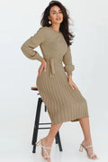 Sheath Ruched Long Sleeve Knit Dress - WEUXS