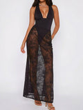 Black halter maxi dress with sheer lace overlay, front view