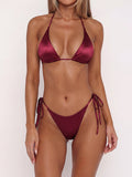 Burgundy satin triangle bikini top with tie sides