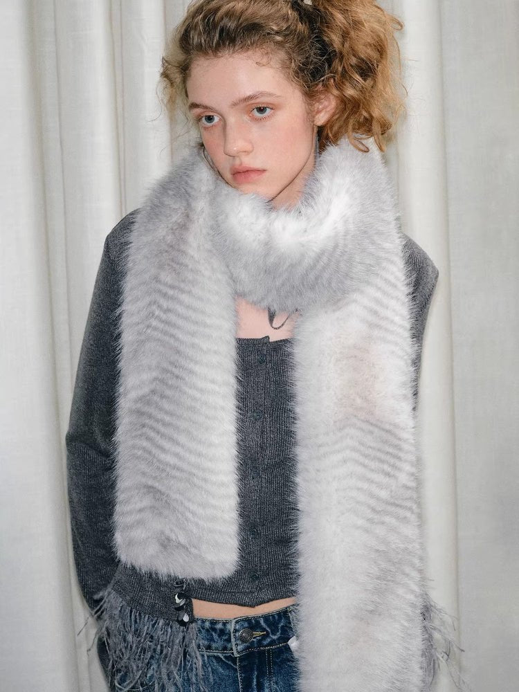 Silver Snow Faux Fur Scarf Extra Long Winter Neck Warmer - WEUXS