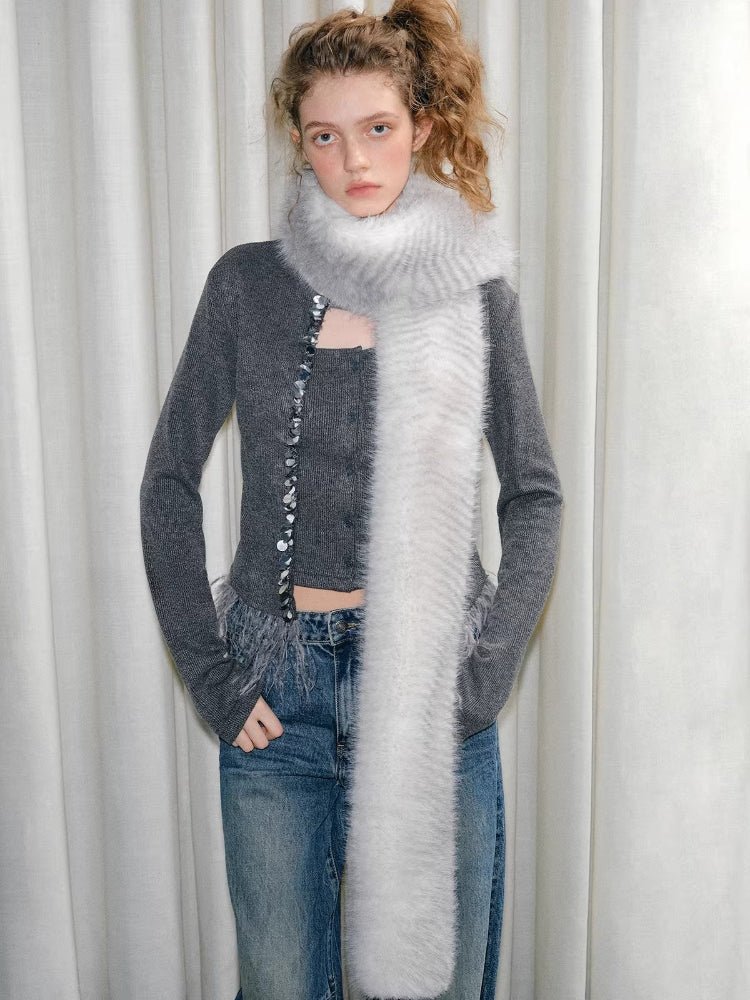 Silver Snow Faux Fur Scarf Extra Long Winter Neck Warmer - WEUXS
