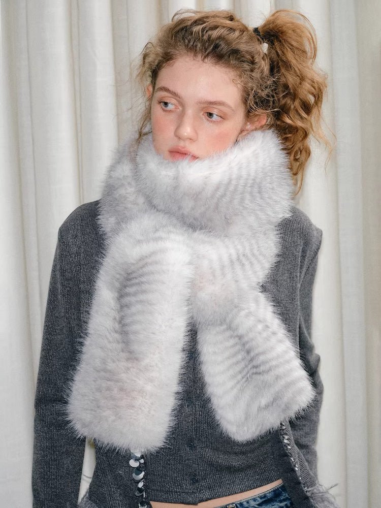 Silver Snow Faux Fur Scarf Extra Long Winter Neck Warmer - WEUXS